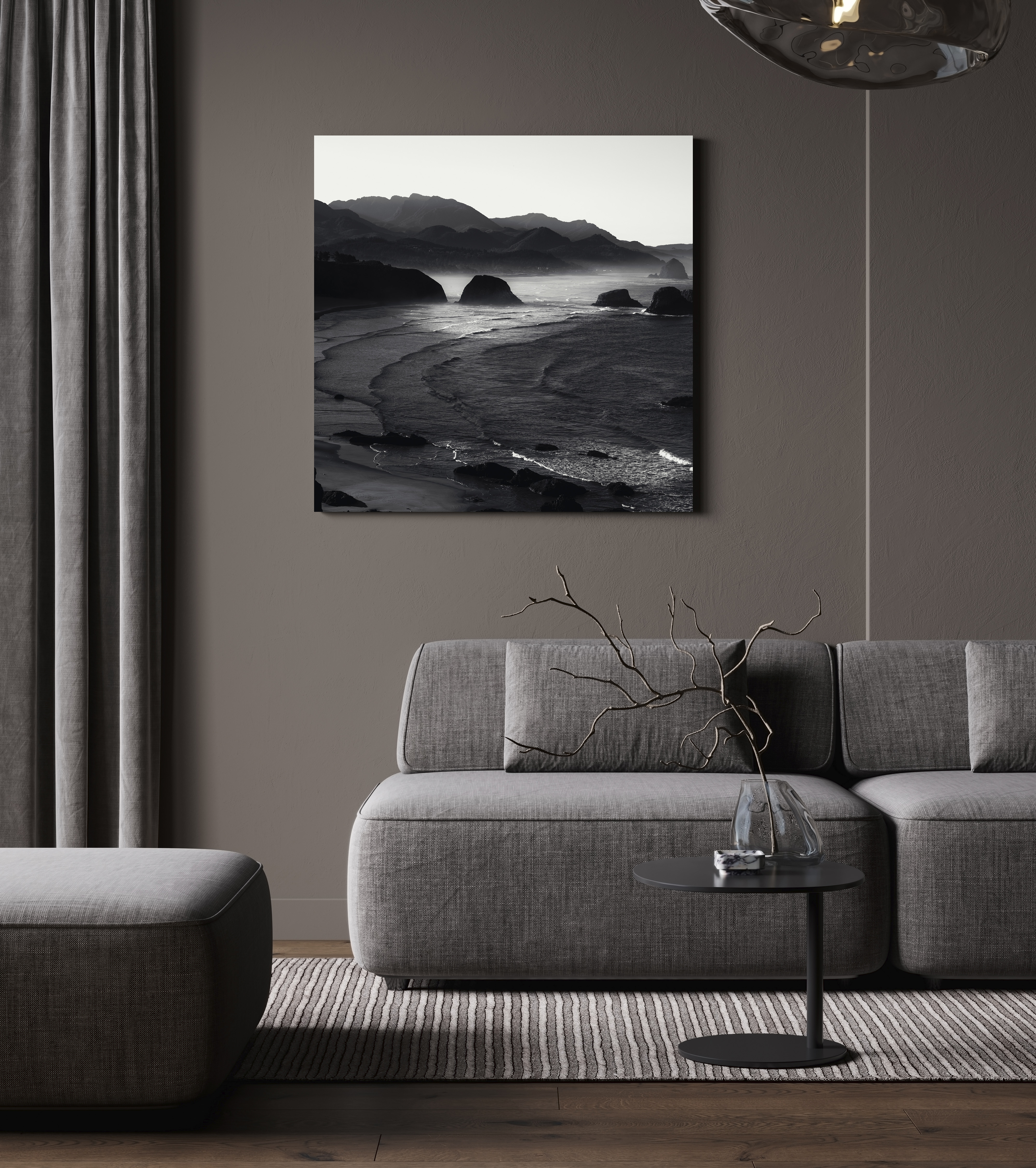 Black and white Oregon coast canvas in dark moody living room by Dan Sproul
